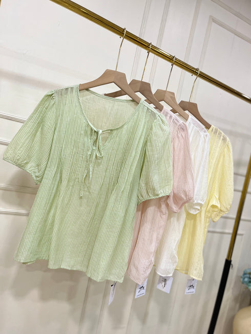 Round Neck Puff Sleeves Transparent Tops